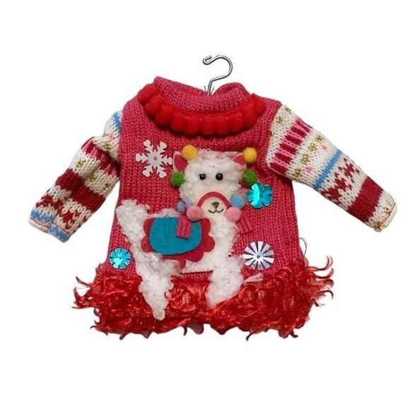 Soft Fluffy Llama Ugly Sweater Christmas Tree Ornament w/ Coat Hanger - Picture 2 of 3